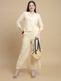 De Moza Women Woven Cotton Dobby Regular Fit Straight Palazzo Pant with Functional Pockets Chalk - De Moza