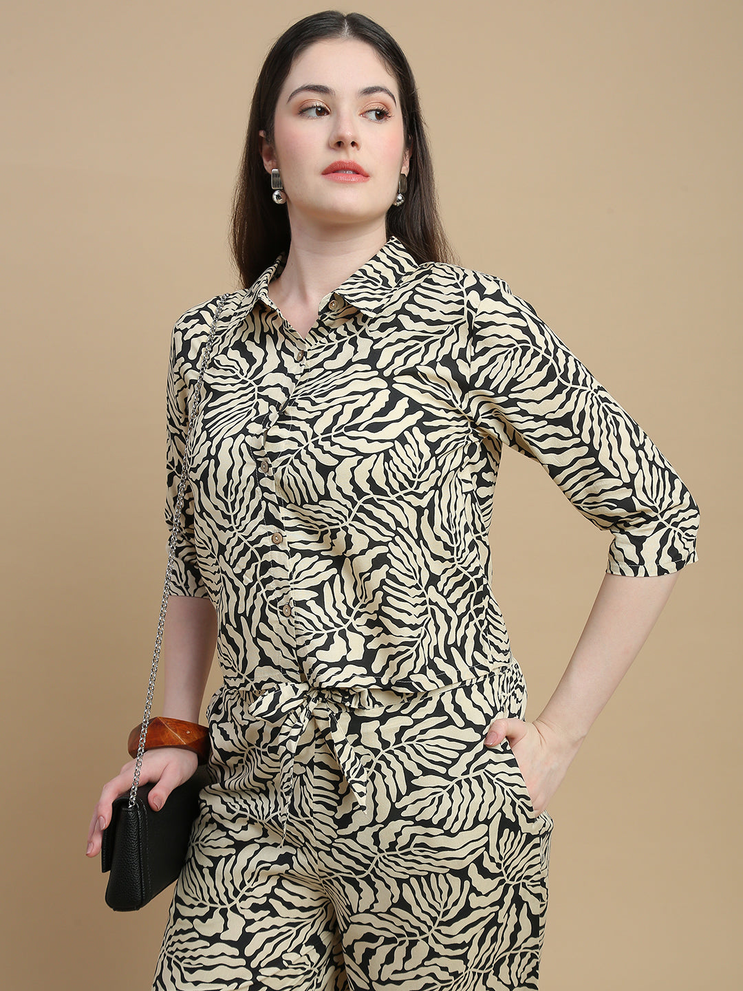 De Moza Women Woven Rayon Printed Regular Fit Shirt with 3/4th Sleeves Black - De Moza