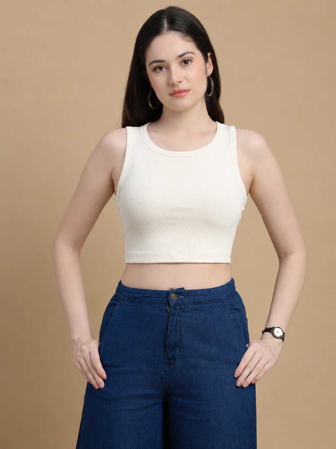 De Moza Women Knitted Cotton Rib Fitted Sleeveless Top with Round Neck Chalk - De Moza
