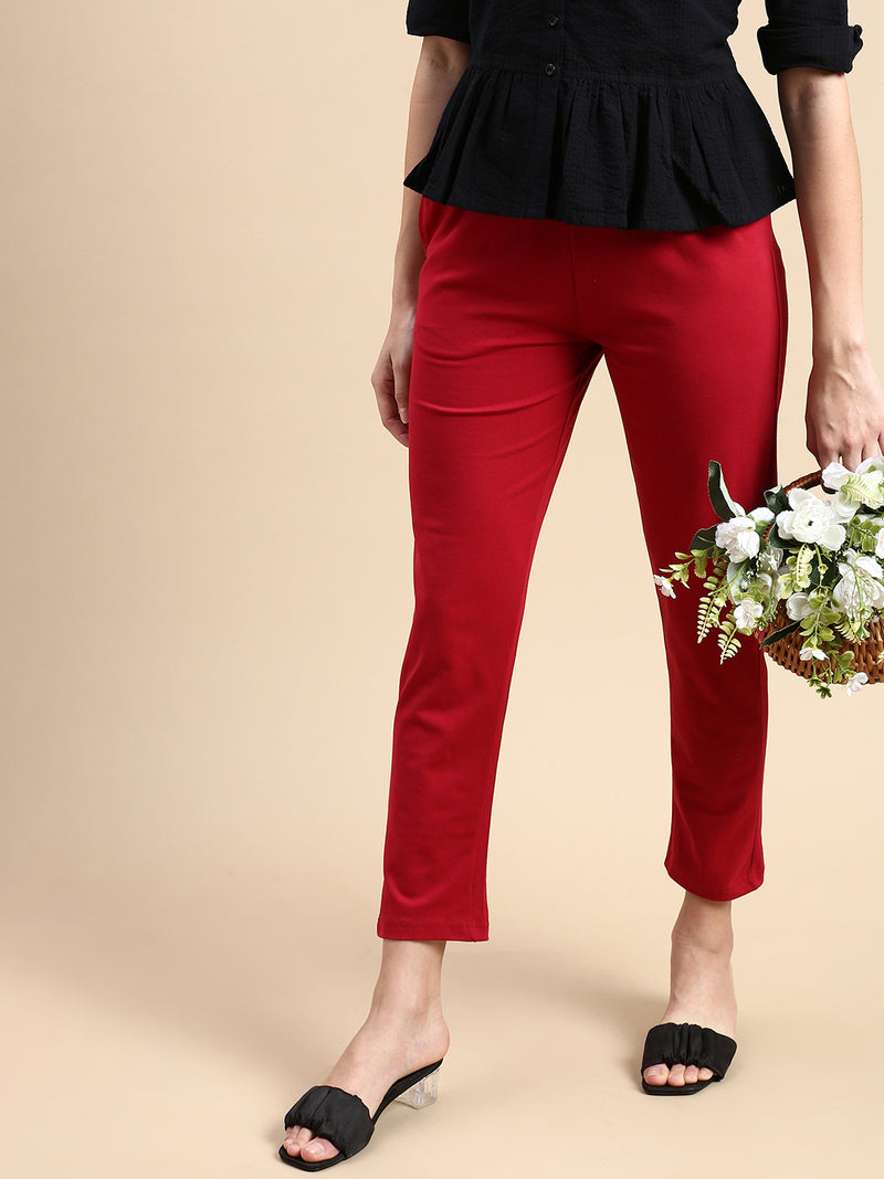 De Moza Women Needle Pant Knit Bottom Solid Cotton True Red - De Moza