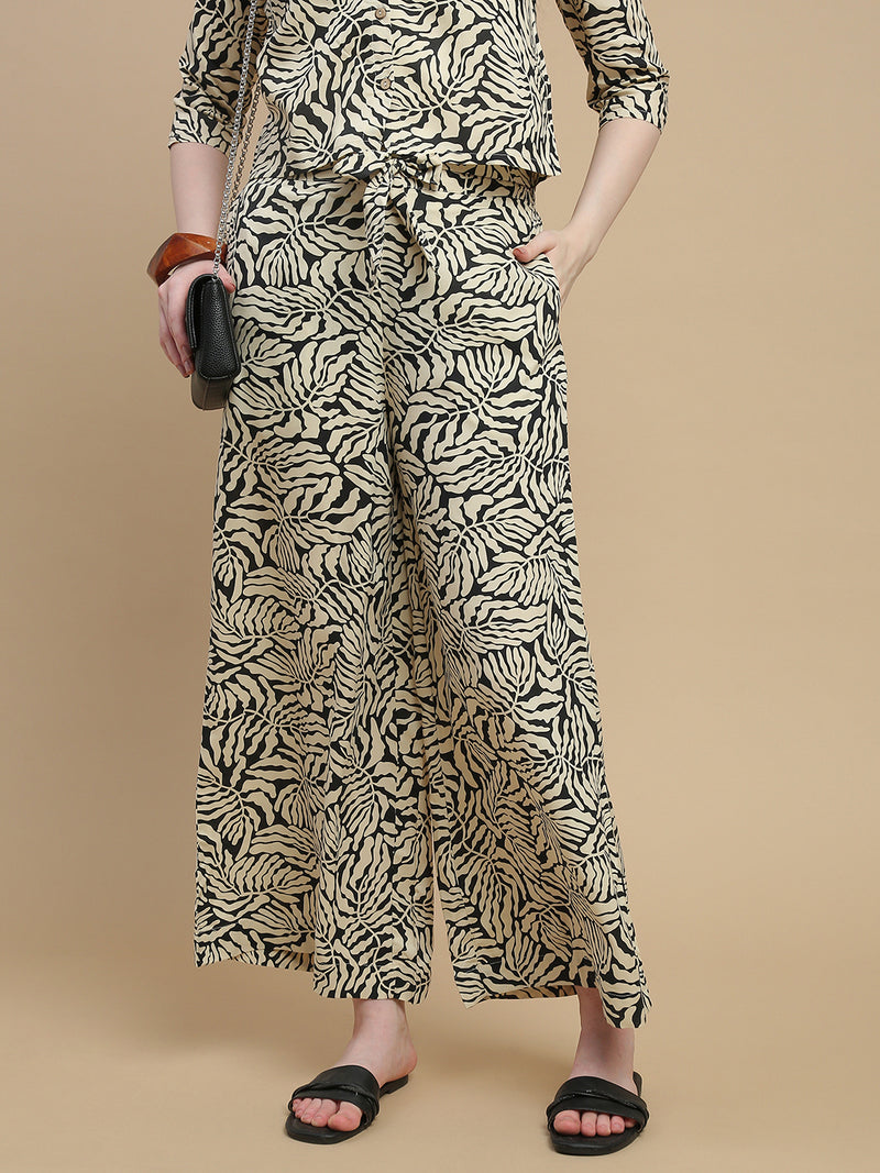 De Moza Women Woven Rayon Regular Fit Printed Straight Palazzo Pant with Functional Pockets Black - De Moza