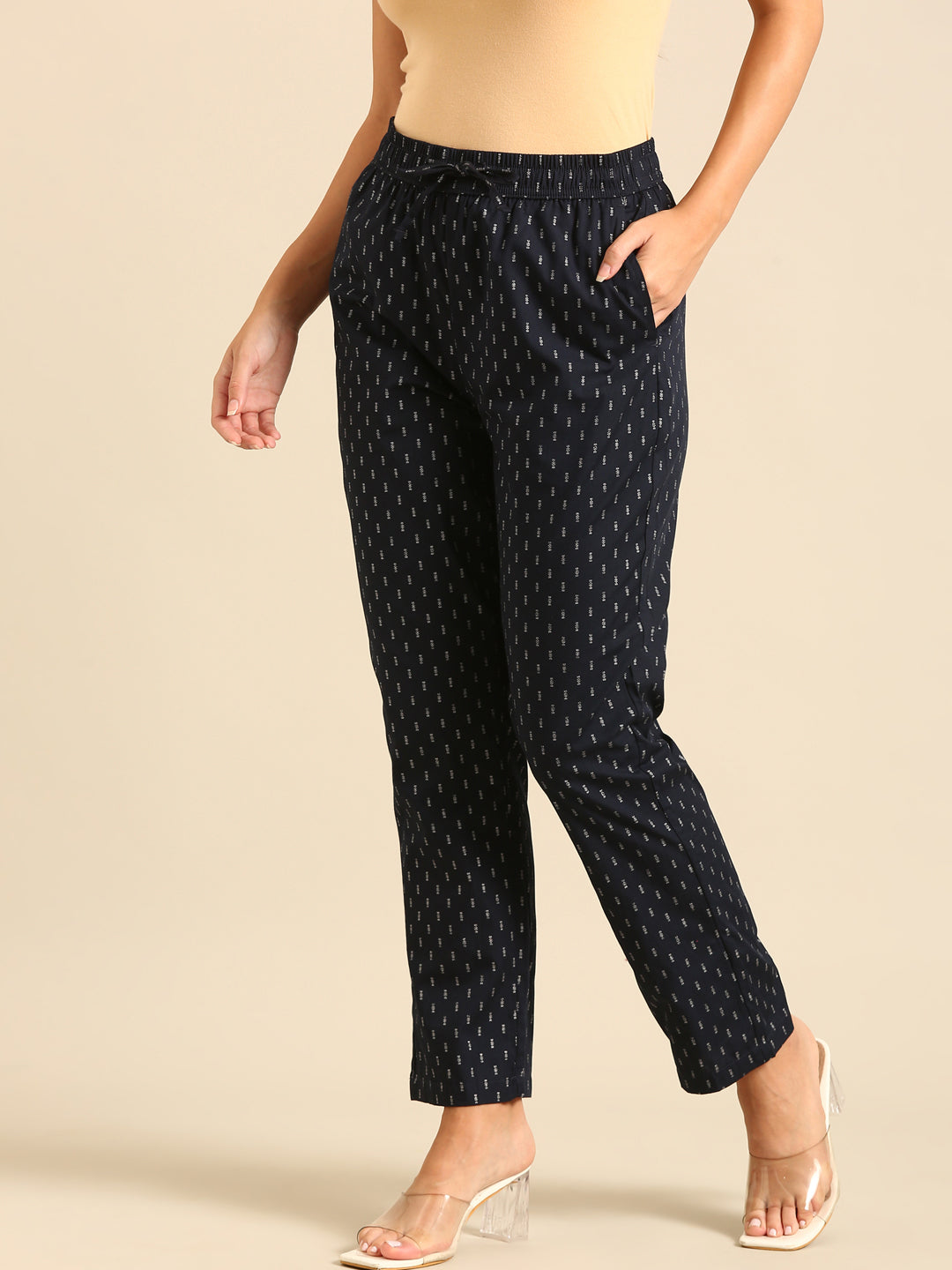 Straight Pant All Over Print-Navy - De Moza