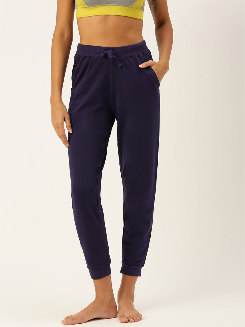 De Moza Womens Yoga Pant - Ankle  Solid Cotton Navy Blue - De Moza