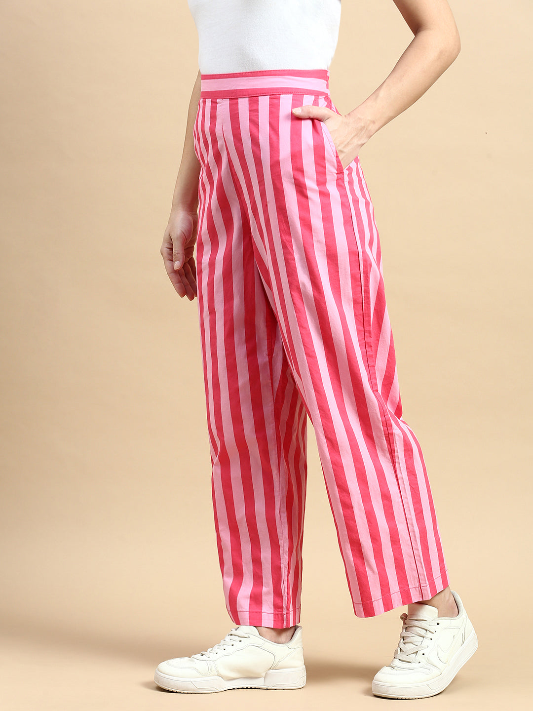 Co-Ord Set Striped (Shirt & Wide Leg Pant)-Pink - De Moza