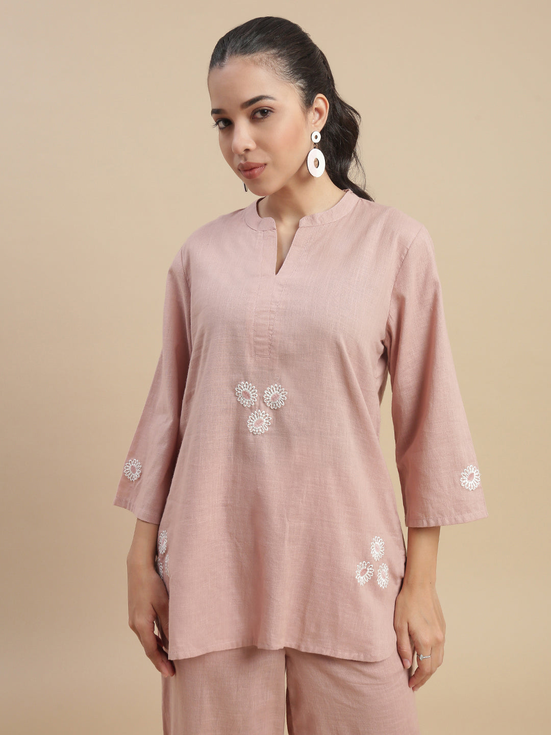 De Moza Women's Officewear Co-ords (Short Kurta & Straight Pant) Light Peach - De Moza