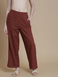 De Moza Women Woven Rayon Narrow Palazzo with Functional Pockets Brown - De Moza