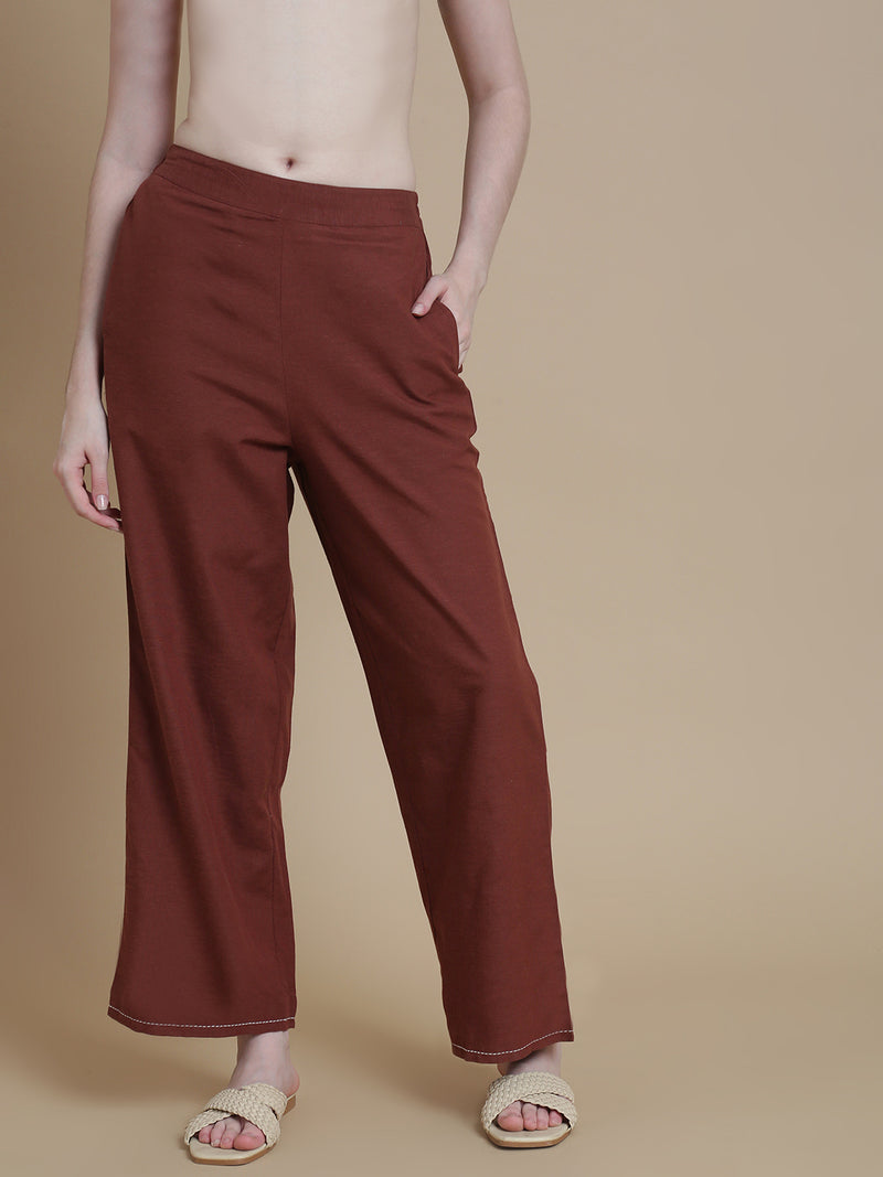 De Moza Women Woven Rayon Narrow Palazzo with Functional Pockets Brown - De Moza