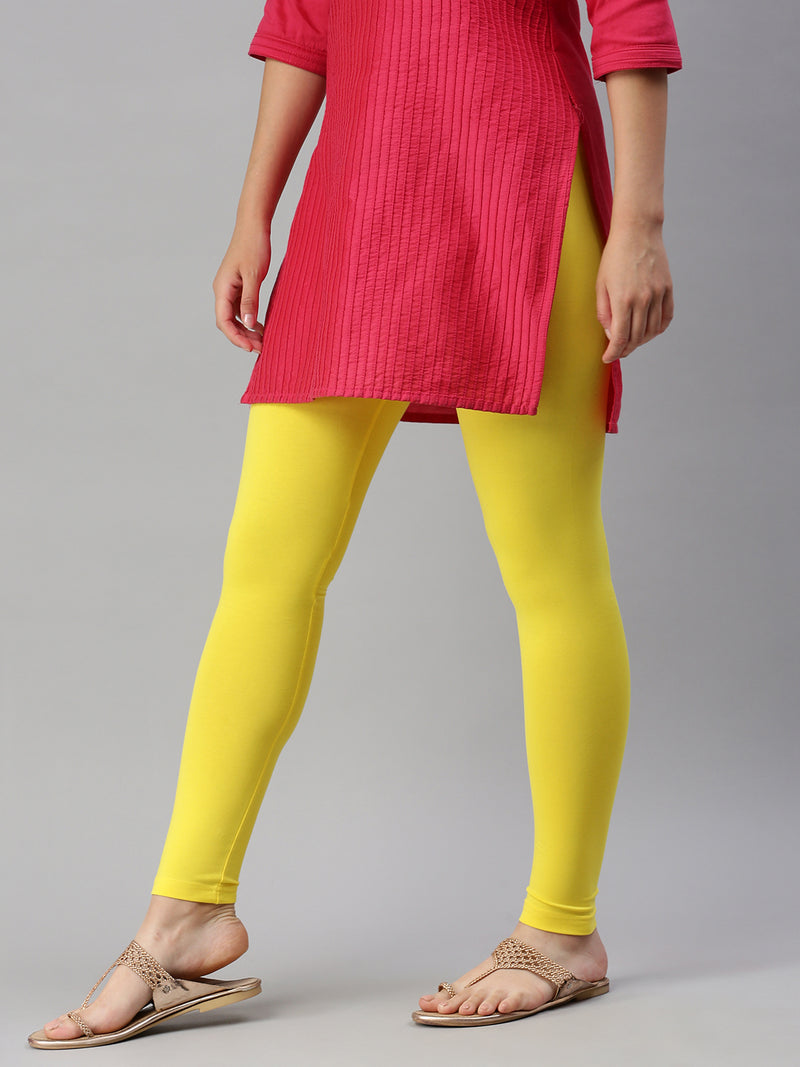 De Moza Ladies Ankle Length Leggings Solid Cotton Lemon Yellow