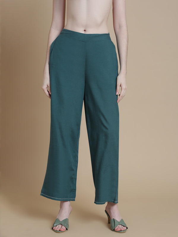 De Moza Women Woven Rayon Narrow Palazzo with Functional Pockets Teal - De Moza