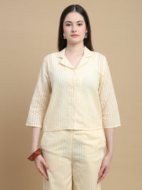 De Moza Women Woven Cotton Dobby Crop Shirt with Collared Neck and 3/4th Sleeves Chalk - De Moza