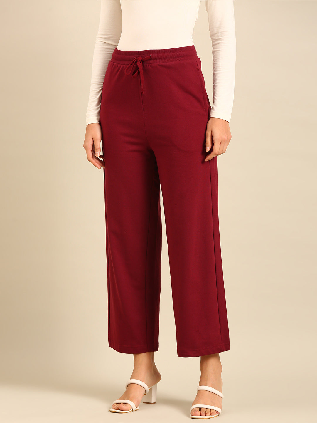 Wide Leg Casual Pant-Burgundy - De Moza