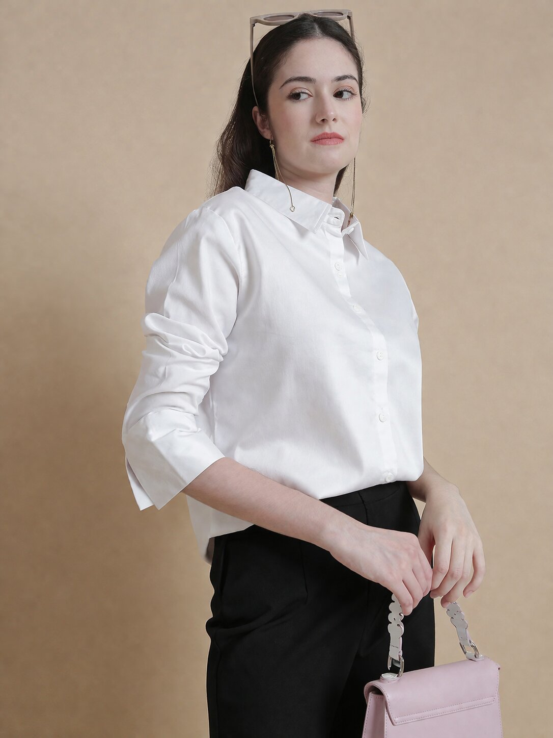 De Moza Women Woven Formal Viscose Satin Shirt White - De Moza