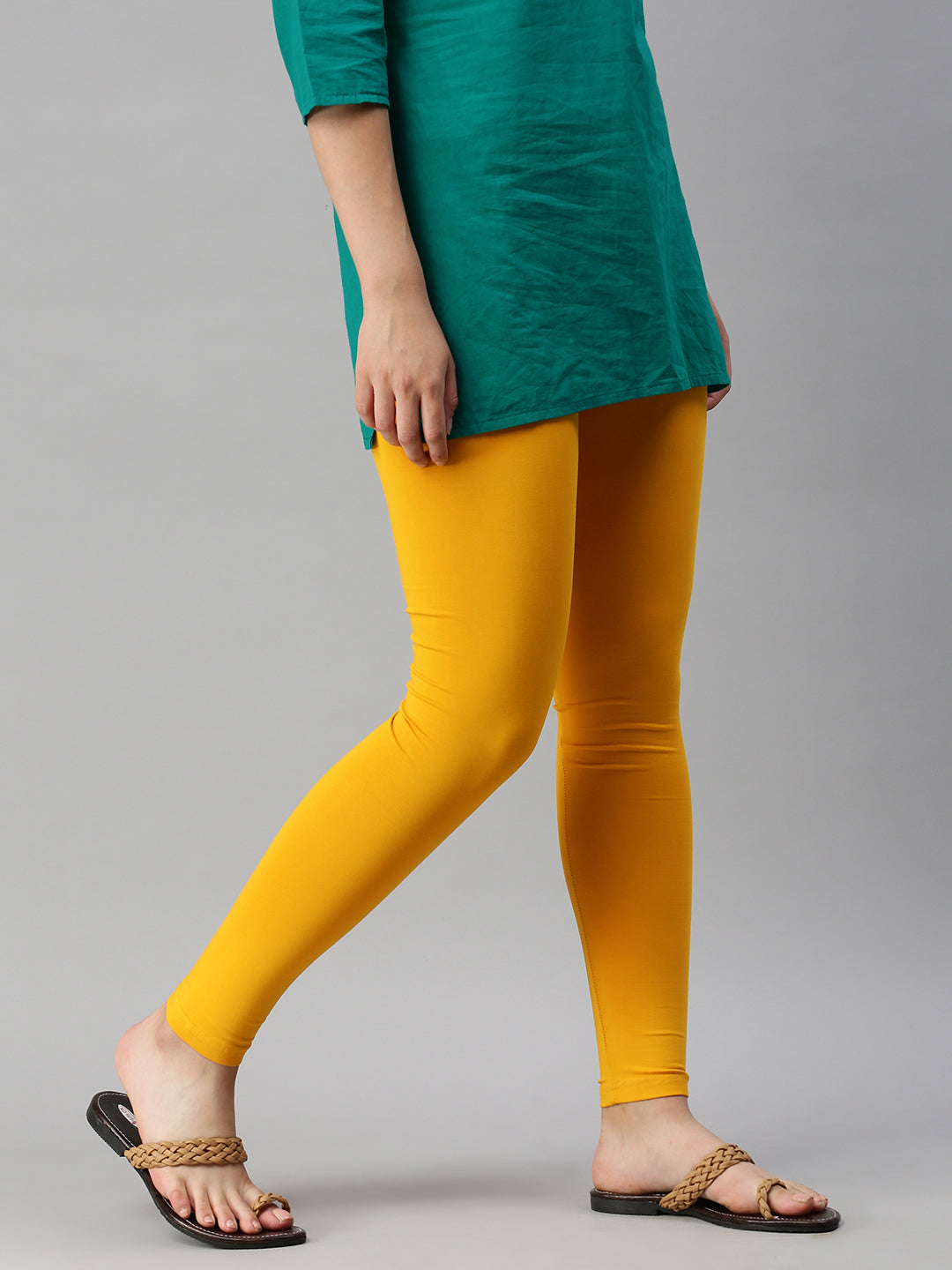 De Moza Ladies Ankle Length Leggings Solid Cotton Bright Yellow