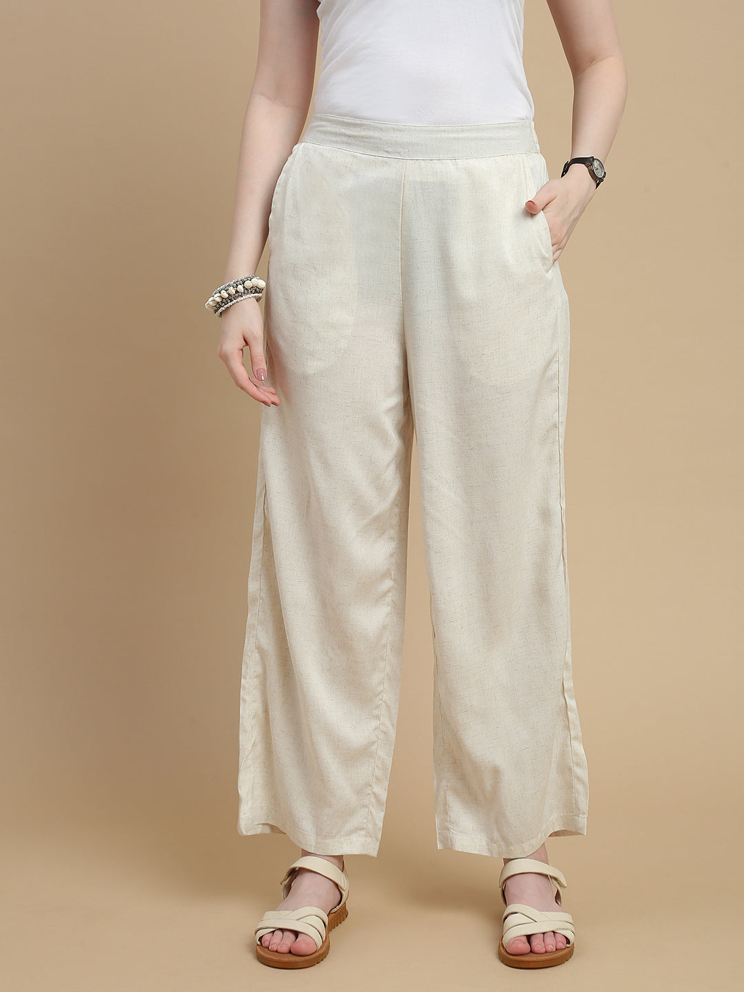 De Moza Women Viscose  Palazzo Pant with Functional Pockets Natutal - De Moza