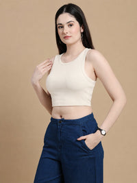 De Moza Women Knitted Cotton Rib Fitted Sleeveless Top with Round Neck Chalk - De Moza
