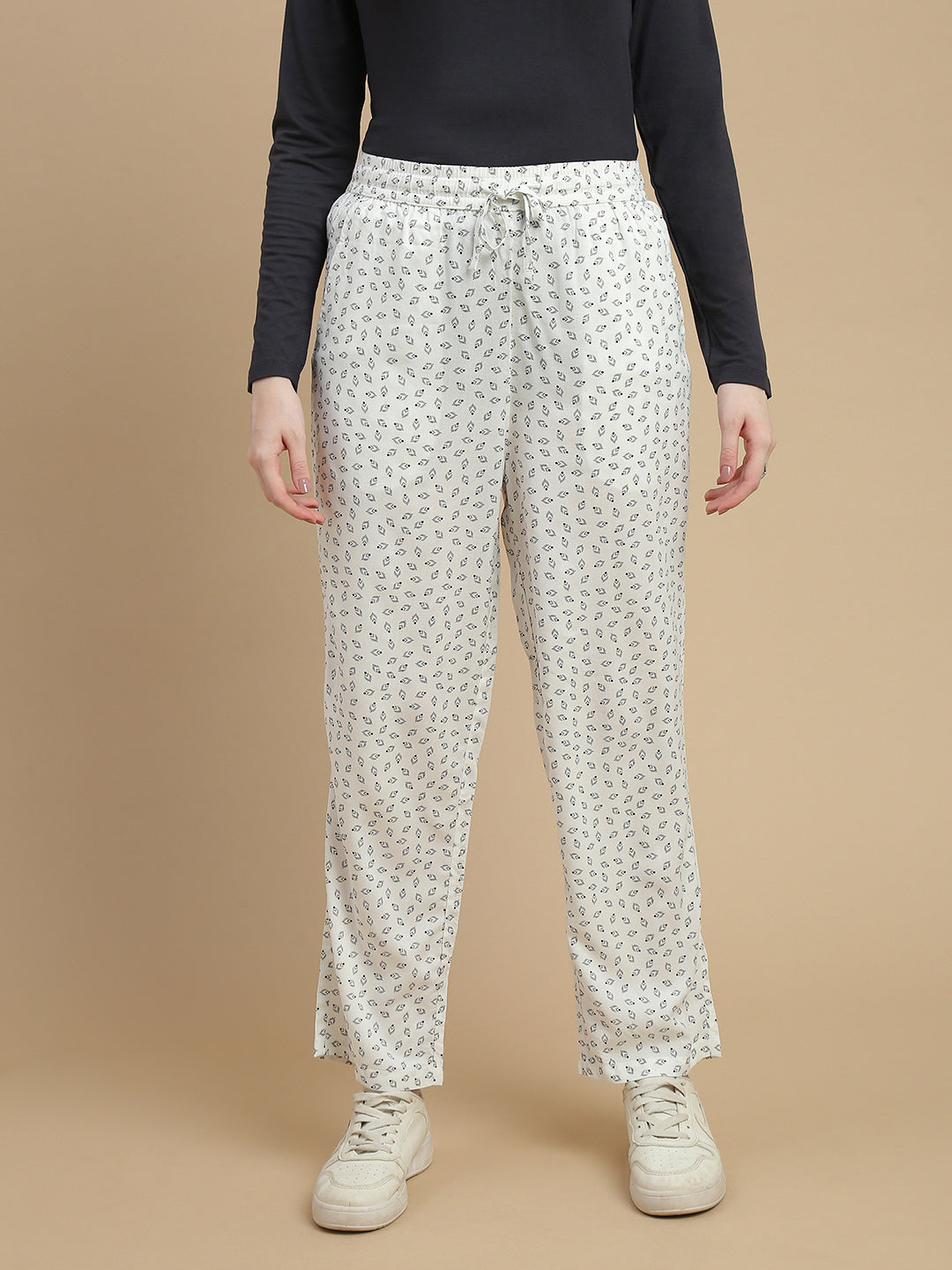 De Moza Women Woven Rayon Straight Fit Printed Straight Pant with Functional Pockets Offwhite - De Moza