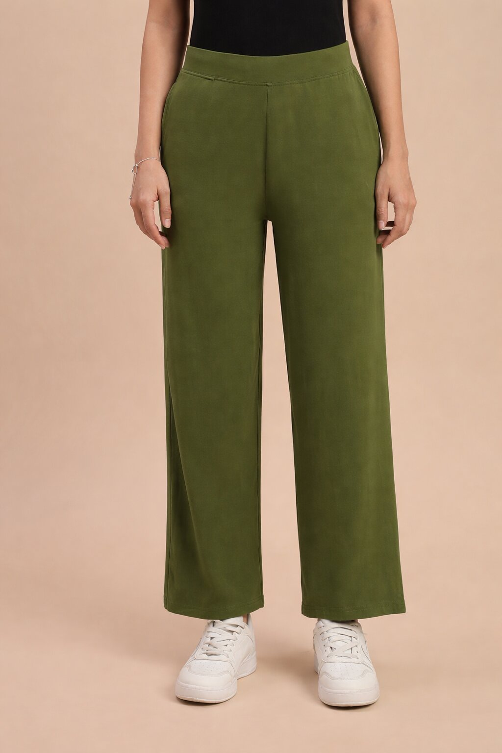 De Moza Women Knitted Viscose Stretch Slim Fit Palazzo Pant with Functional Pocket Olive Green - De Moza