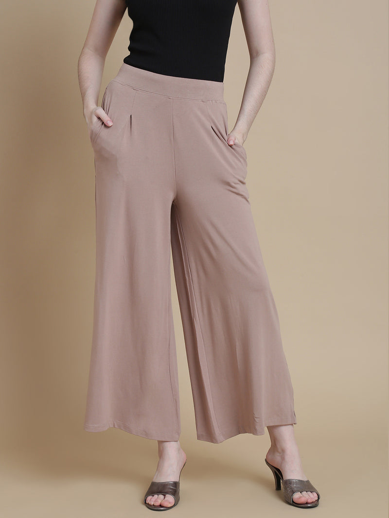 De Moza Women Knitted Viscose Pleated Palazzo with Functional Pockets Taupe - De Moza