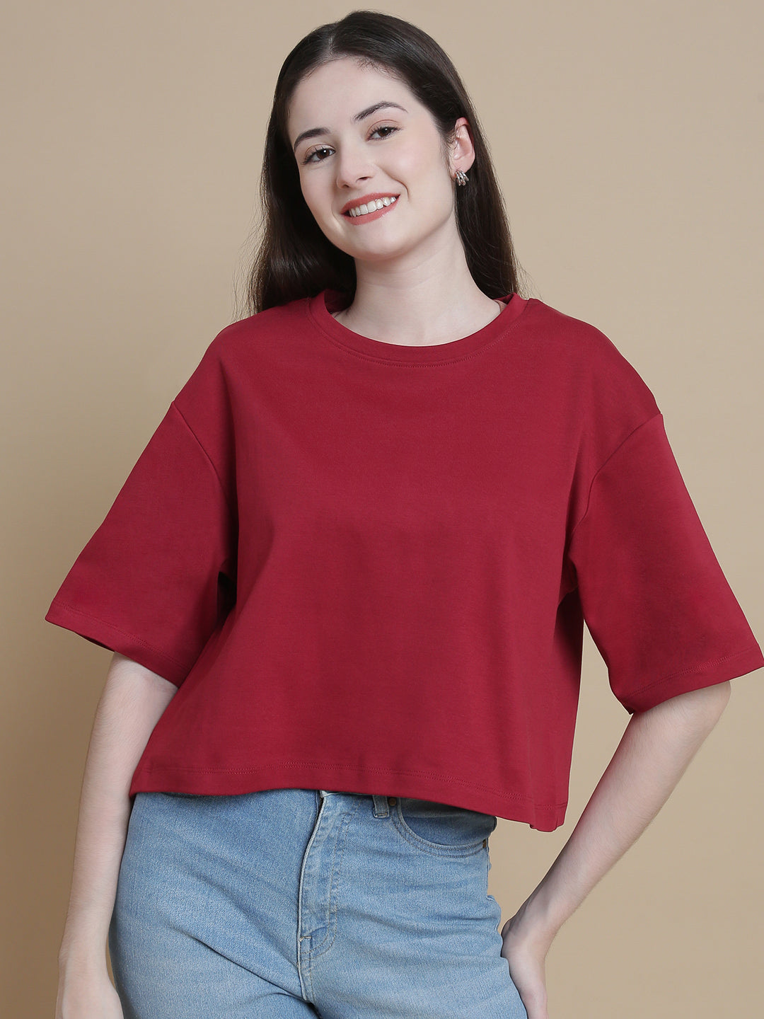 De Moza Women Knitted Cotton Crop Boxy Fit T-shirt Burgandy - De Moza