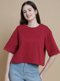 De Moza Women Knitted Cotton Crop Boxy Fit T-shirt Burgandy - De Moza