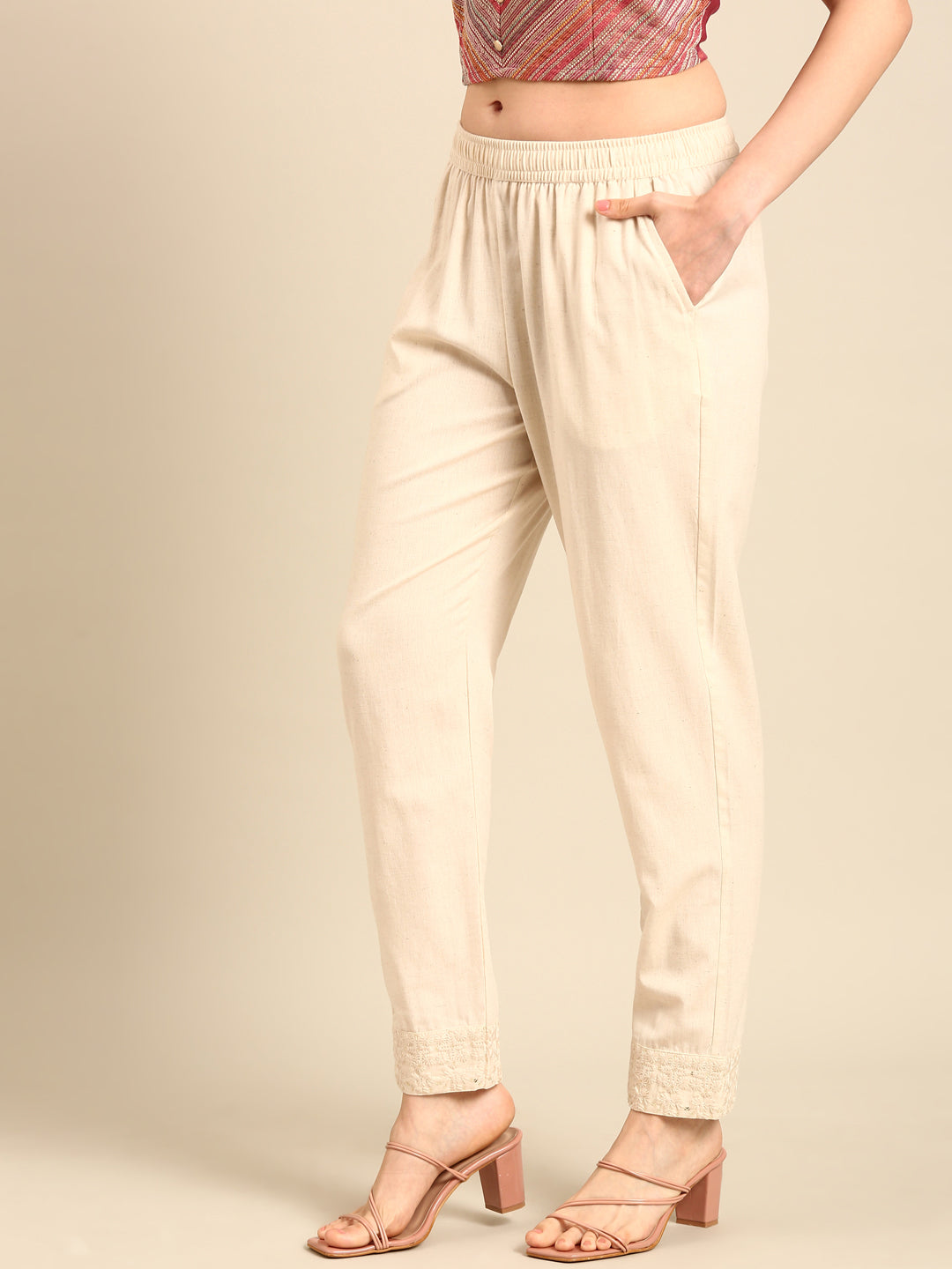 Straight Pant Embroidered-Natural - De Moza
