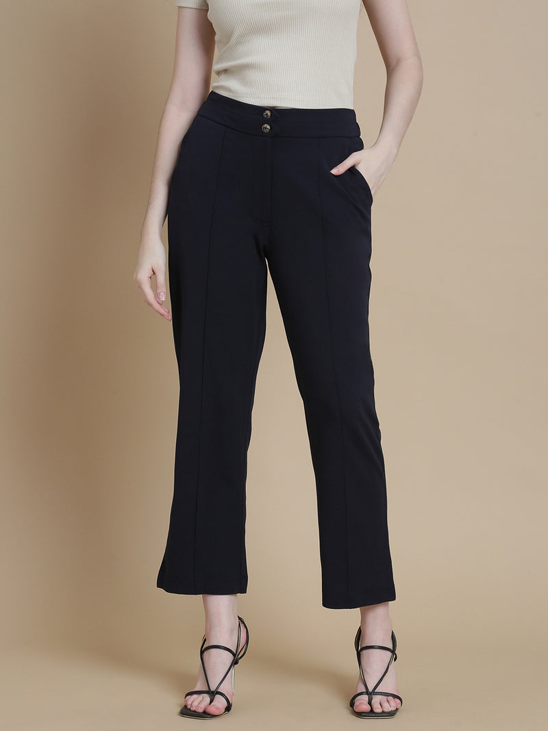 De Moza Women Woven Polyester Work wear Casual Pant with Functional Pockets Navy - De Moza