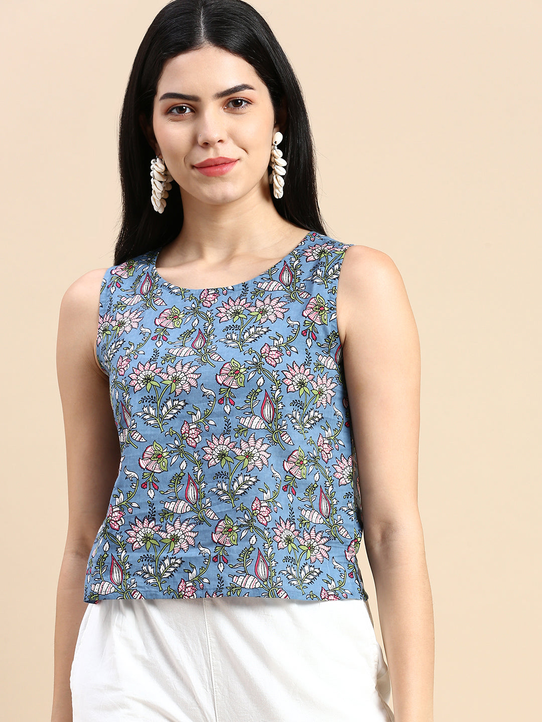 De Moza Women Printed Top Blue