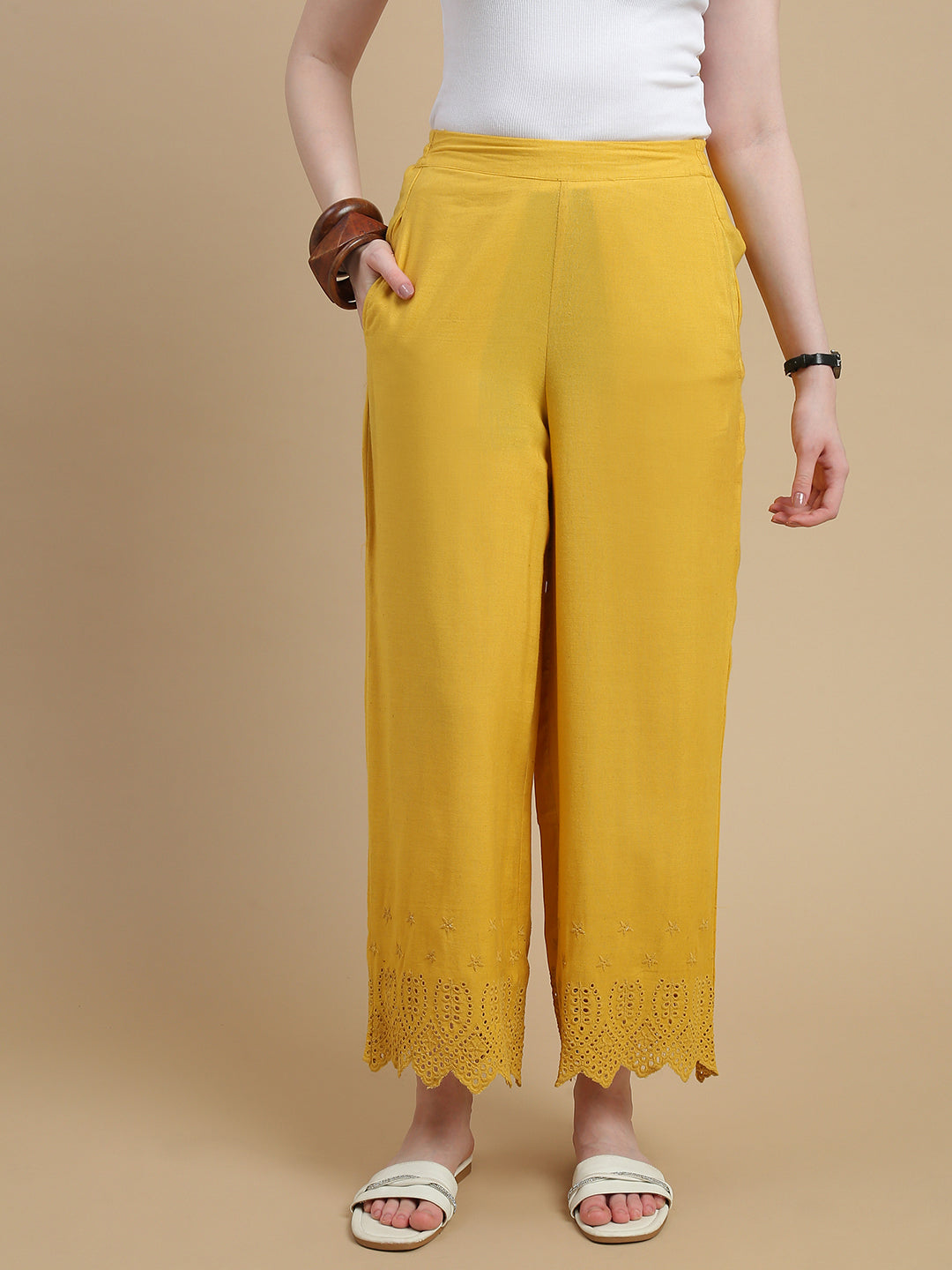 De Moza Women Woven Viscose Flex Regular Fit Schiffly Narrow Palazzo Pant with Functional Pockets Lime Yellow - De Moza