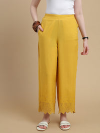 De Moza Women Woven Viscose Flex Regular Fit Schiffly Narrow Palazzo Pant with Functional Pockets Lime Yellow - De Moza