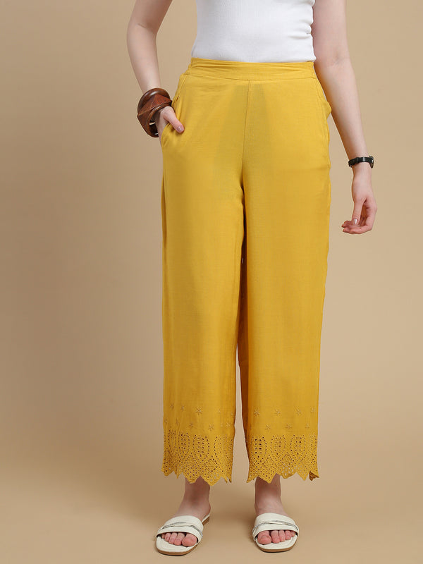 De Moza Women Woven Viscose Flex Regular Fit Schiffly Narrow Palazzo Pant with Functional Pockets Lime Yellow - De Moza