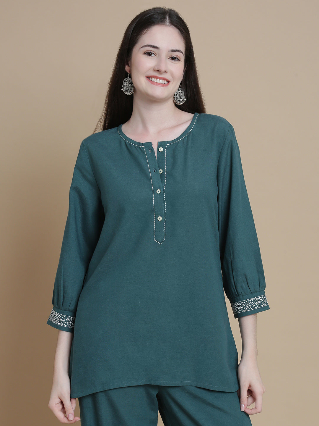 De Moza Women Woven Rayon Kurti Teal - De Moza