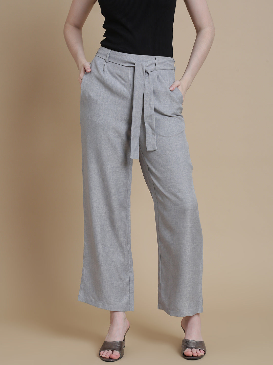 De Moza Women Woven Polyester Work wear Casual Pant with Functional Pockets Grey - De Moza