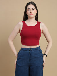 De Moza Women Knitted Cotton Rib Fitted Sleeveless Top with Round Neck Burgundy - De Moza