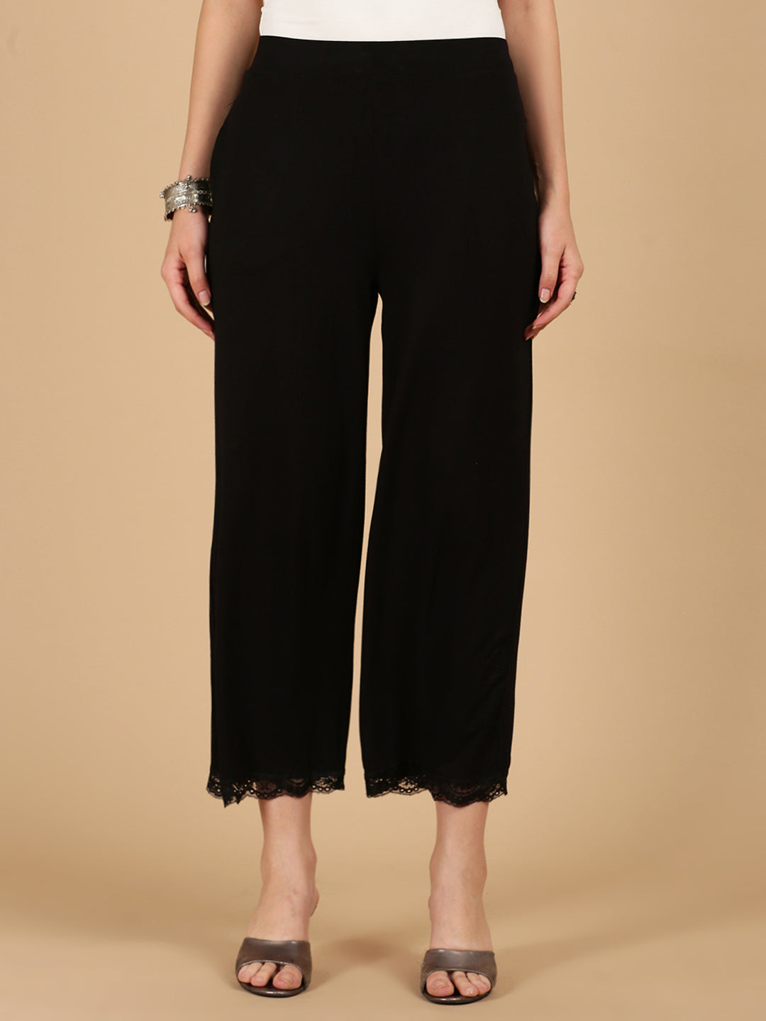 De Moza Women Knitted Viscose loosed Fit Palazzo with Functional Pockets Black