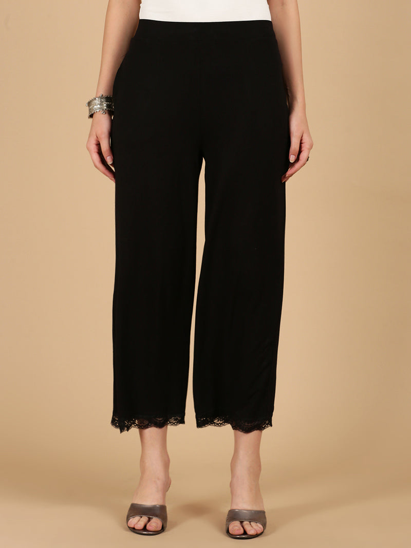 De Moza Women Knitted Viscose loosed Fit Palazzo with Functional Pockets Black - De Moza