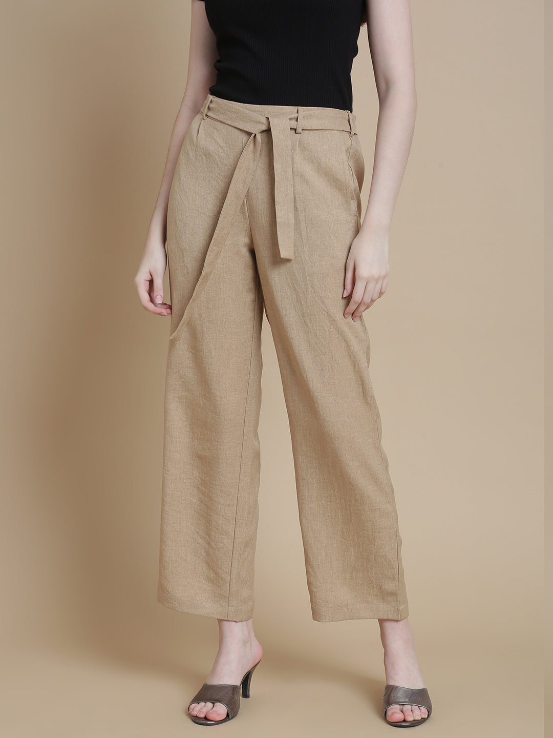 De Moza Women Woven Polyester Work wear Casual Pant with Functional Pockets Beige - De Moza