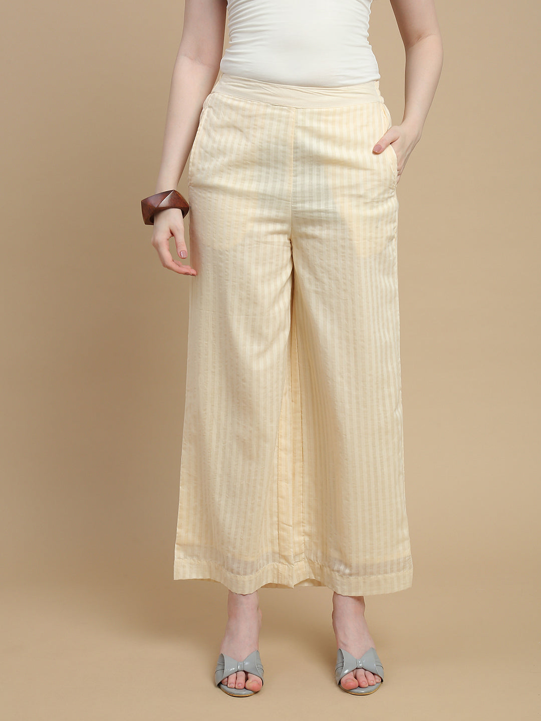 De Moza Women Woven Cotton Dobby Regular Fit Straight Palazzo Pant with Functional Pockets Chalk - De Moza