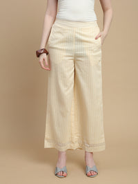 De Moza Women Woven Cotton Dobby Regular Fit Straight Palazzo Pant with Functional Pockets Chalk - De Moza