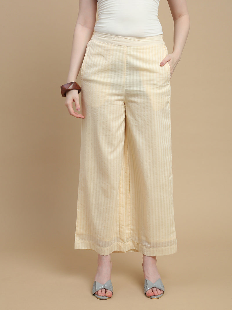 De Moza Women Woven Cotton Dobby Regular Fit Straight Palazzo Pant with Functional Pockets Chalk - De Moza
