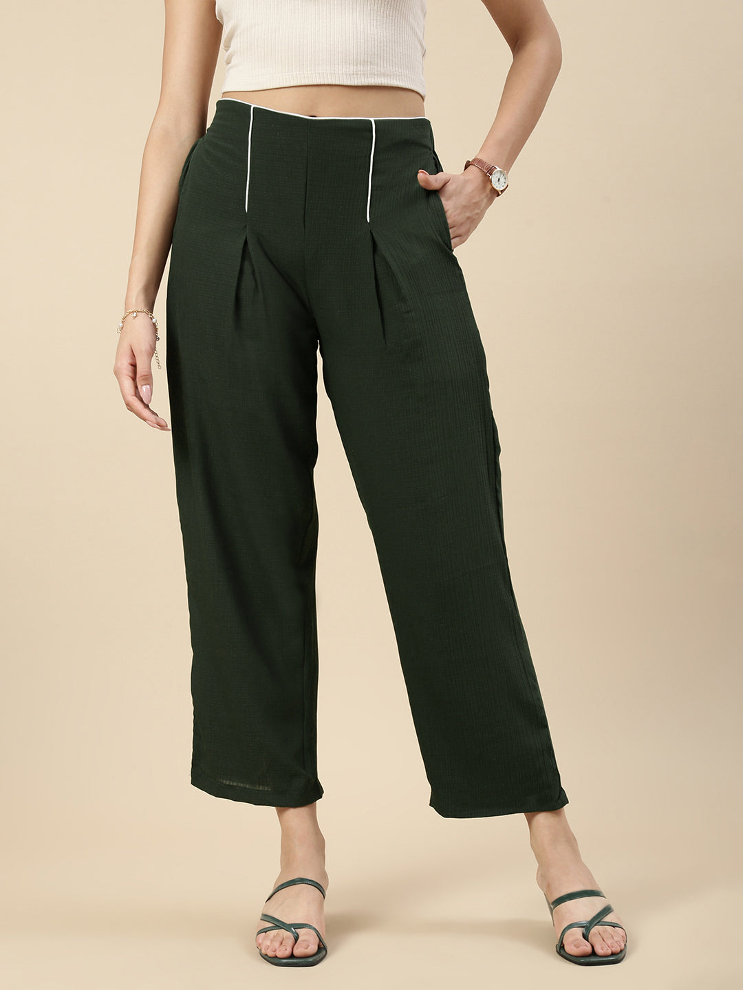 Pleated Pants-Olive