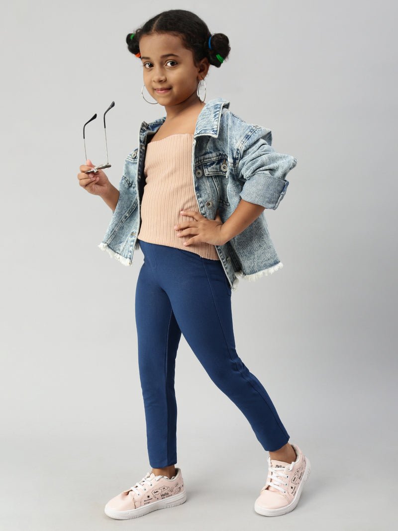 De Moza Girls Solid Jegging Indigo Blue