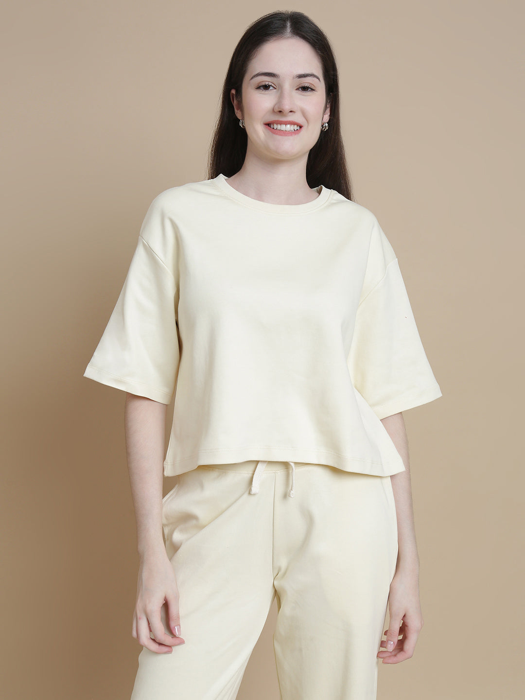De Moza Women Knitted Cotton Crop Boxy Fit T-shirt Ecru - De Moza
