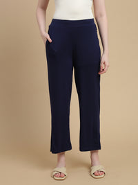 De Moza Women Knitted Viscose Stretch Slim Fit Palazzo Pant with Functional Pocket Dark Navy - De Moza