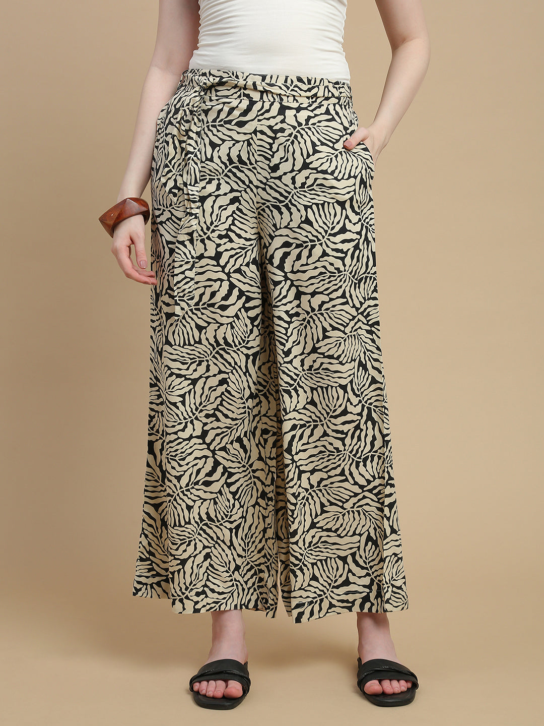 De Moza Women Woven Rayon Regular Fit Printed Straight Palazzo Pant with Functional Pockets Black - De Moza