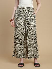 De Moza Women Woven Rayon Regular Fit Printed Straight Palazzo Pant with Functional Pockets Black - De Moza