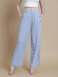 De Moza Women Rayon Linen Solid Casual Lace Palazzo with Functional Pockets Light Blue - De Moza