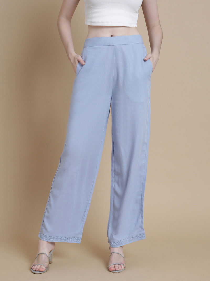 De Moza Women Rayon Linen Solid Casual Lace Palazzo with Functional Pockets Light Blue - De Moza