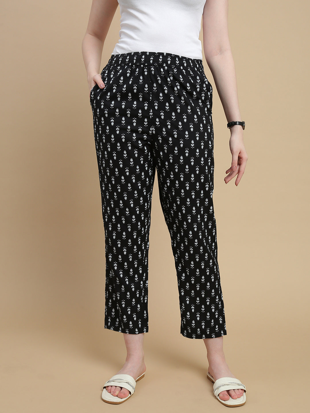 De Moza Women Woven Rayon Straight Fit Printed Straight Pant with Functional Pockets Black - De Moza