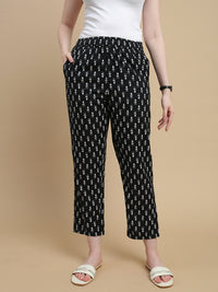 De Moza Women Woven Rayon Straight Fit Printed Straight Pant with Functional Pockets Black - De Moza