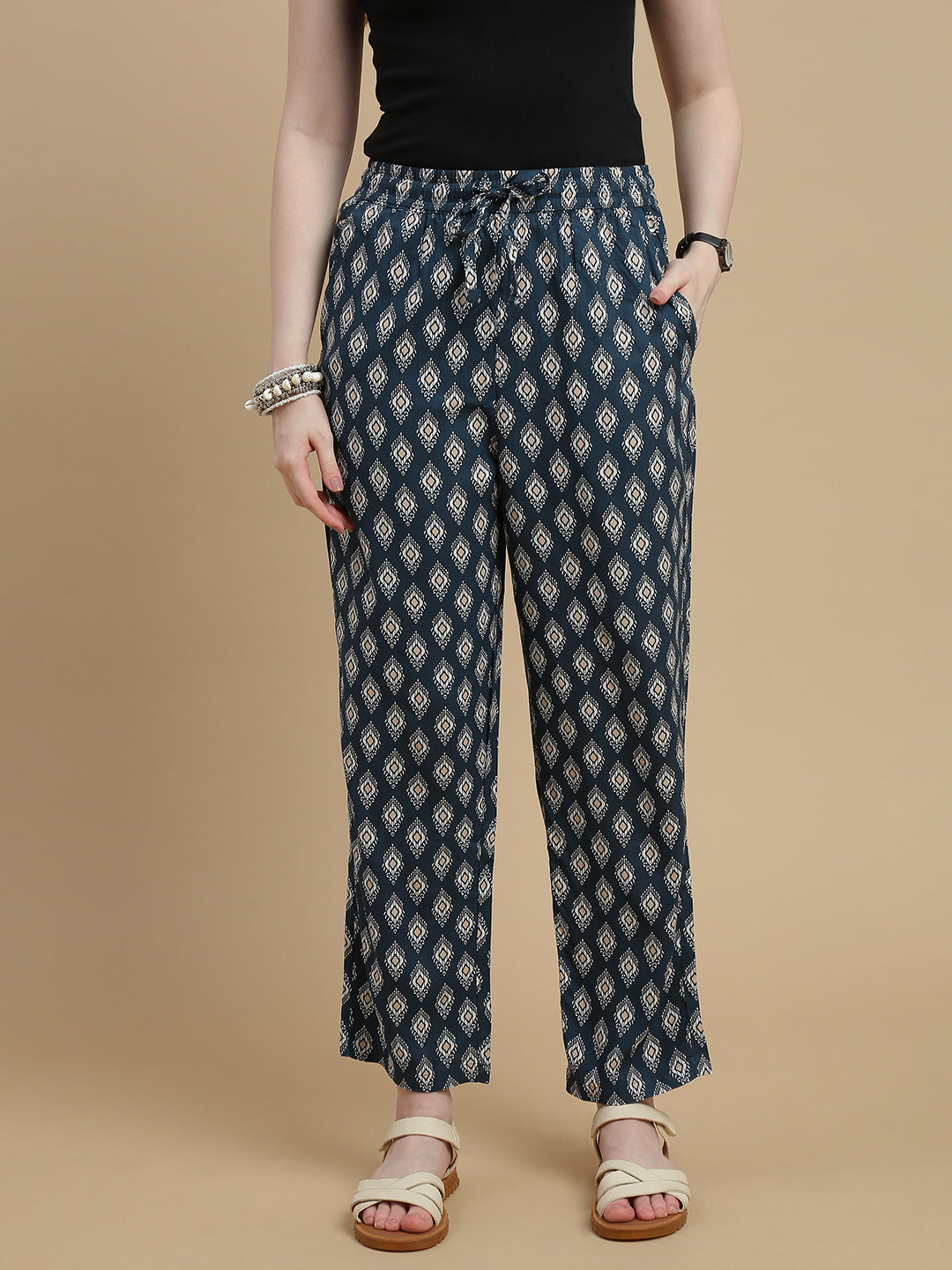 De Moza Women Woven Rayon Straight Fit Printed Pant with Functional Pockets Dark Teal - De Moza